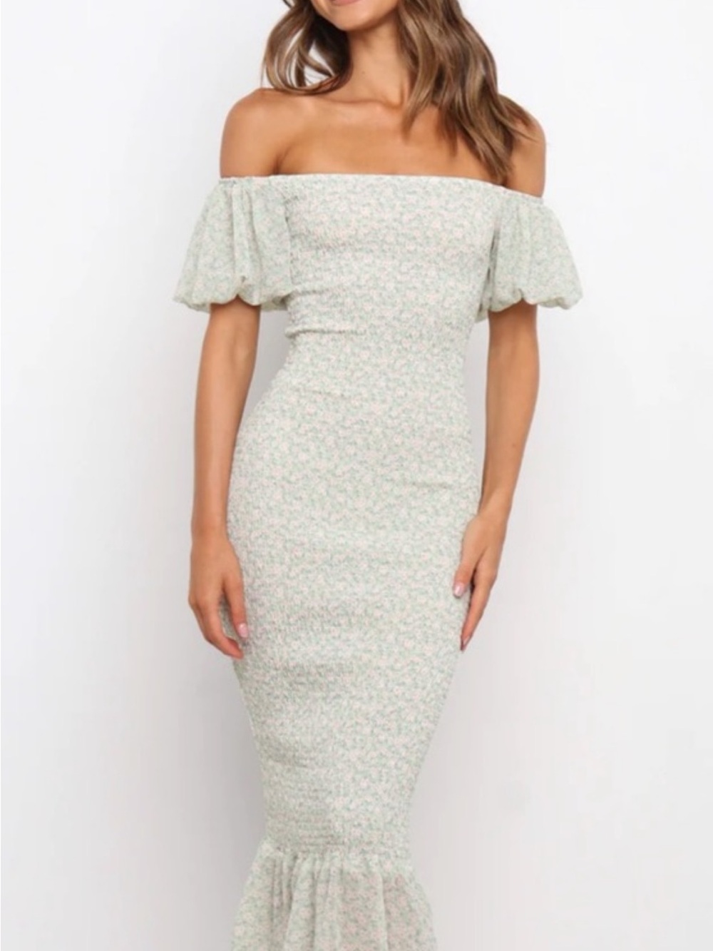 Petal & Pup Off-Shoulder Mint Floral Midi Dress